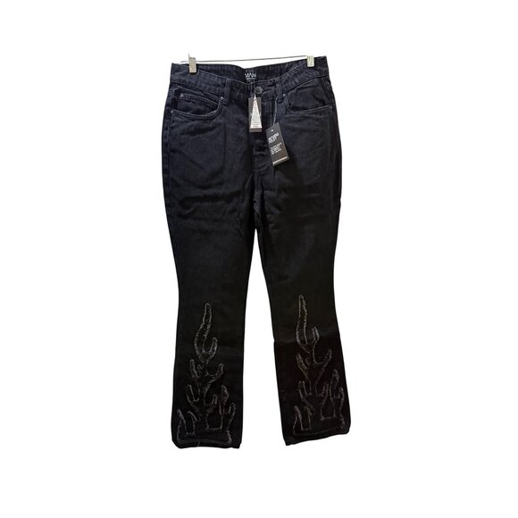 BoohooMAN Black Embroidered Flame Design Straight Fit Jeans Size 32 UK - Picture 1 of 12